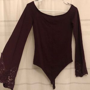 Express maroon off the shoulder lace bell sleeve bodysuit